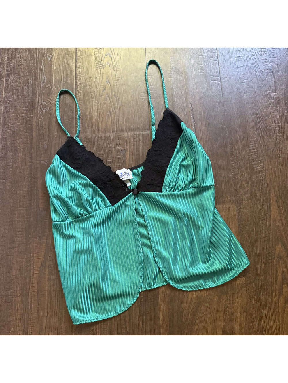 Vintage Y2K Nancy King Satin Lace Lingerie Cami Top USA Made Green Black S
